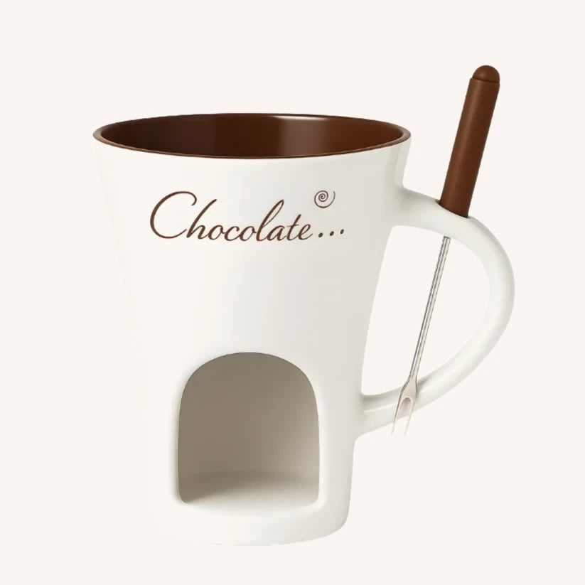 Taza fondue blanca con tenedor