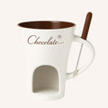 Taza fondue blanca con tenedor