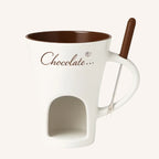 Taza fondue blanca con tenedor