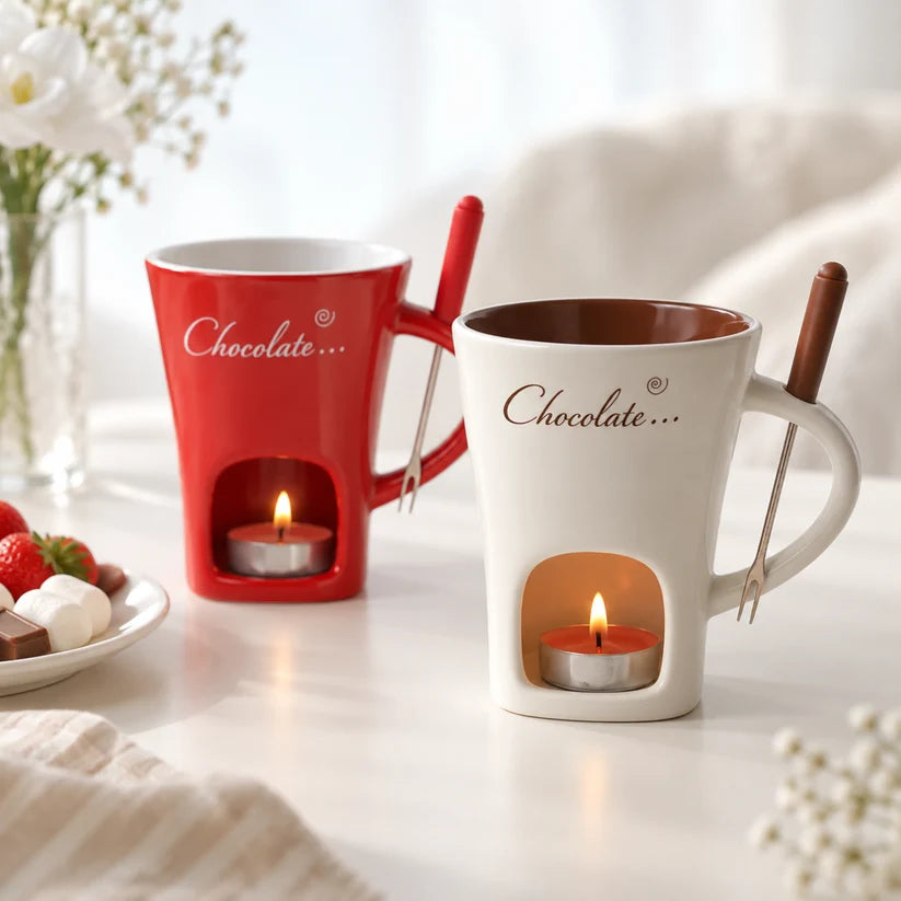 Dos tazas fondue encendidas sobre la mesa